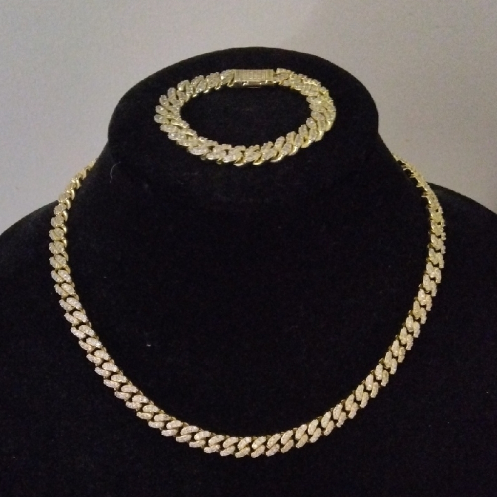Unisex Gold-tone Faux Diamond Necklace and Bracelet Set